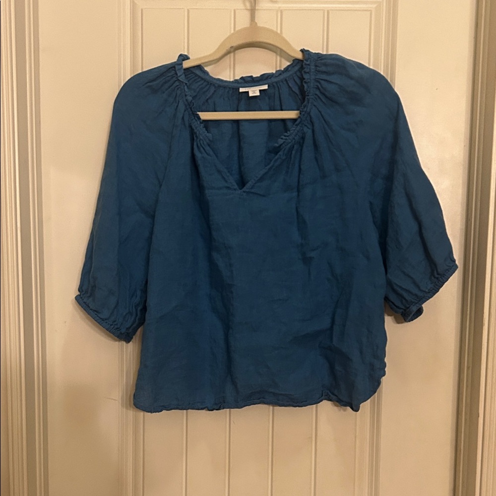 J. Jill XS  Linen Blue shirt with Ruched Neckline